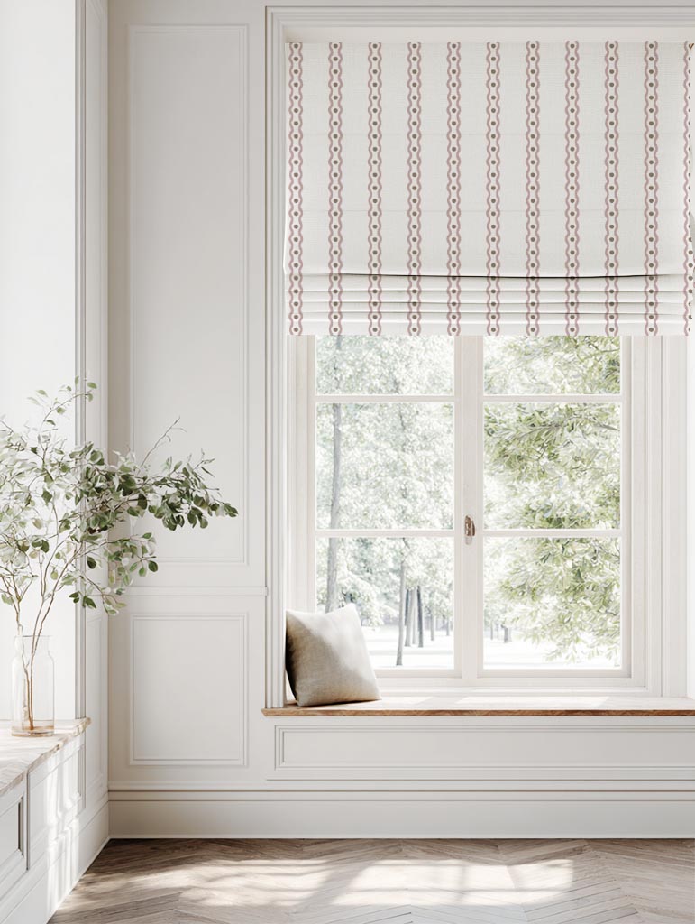 Pink Abstract Striped Linen Roman Blind - Margarie Peony-WHT - White base fabric.