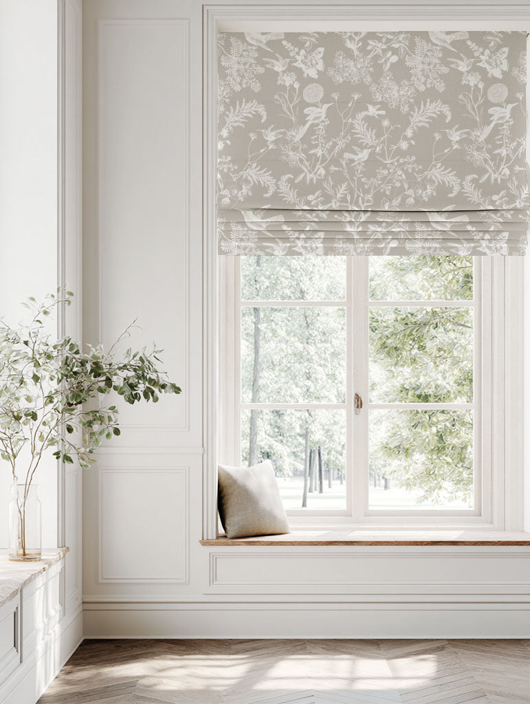 Neutral / Grey Floral Linen Roman blind - Marianne Almond  - White base fabric.