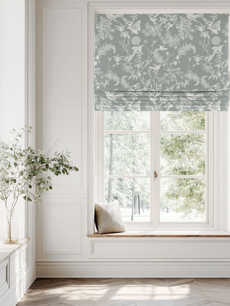 Grey Floral Linen Roman blind - Marianne Greige  - White base fabric.