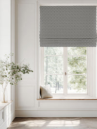 Grey Patterned Linen Roman blind - Oona Charcoal - White base fabric.