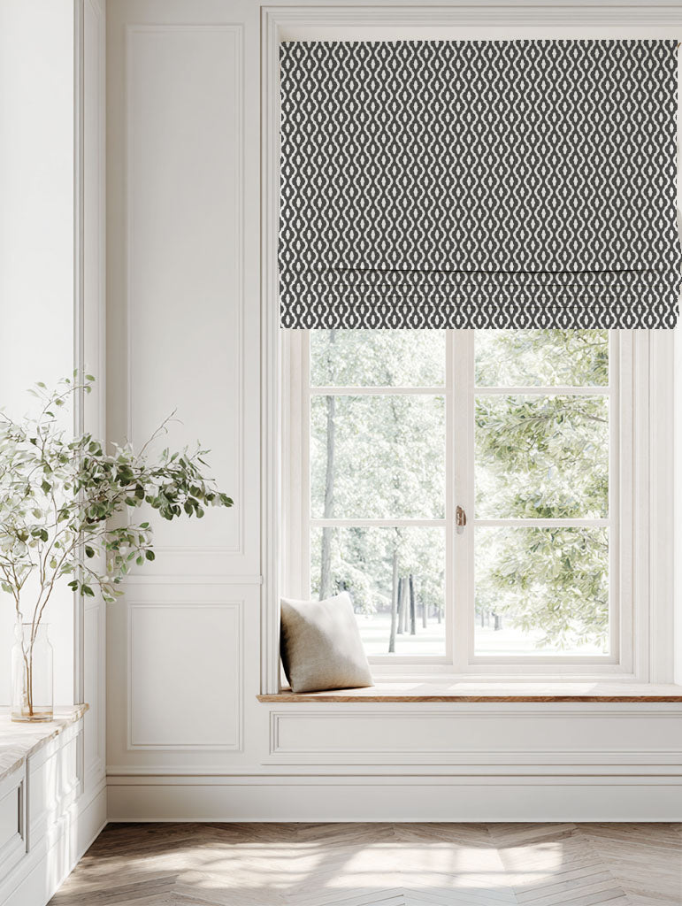 Grey Patterned Linen Roman blind - Oona Charcoal - White base fabric.