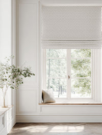 Neutral / Grey Patterned Linen Roman blind - Oona Grey Sand - White base fabric.