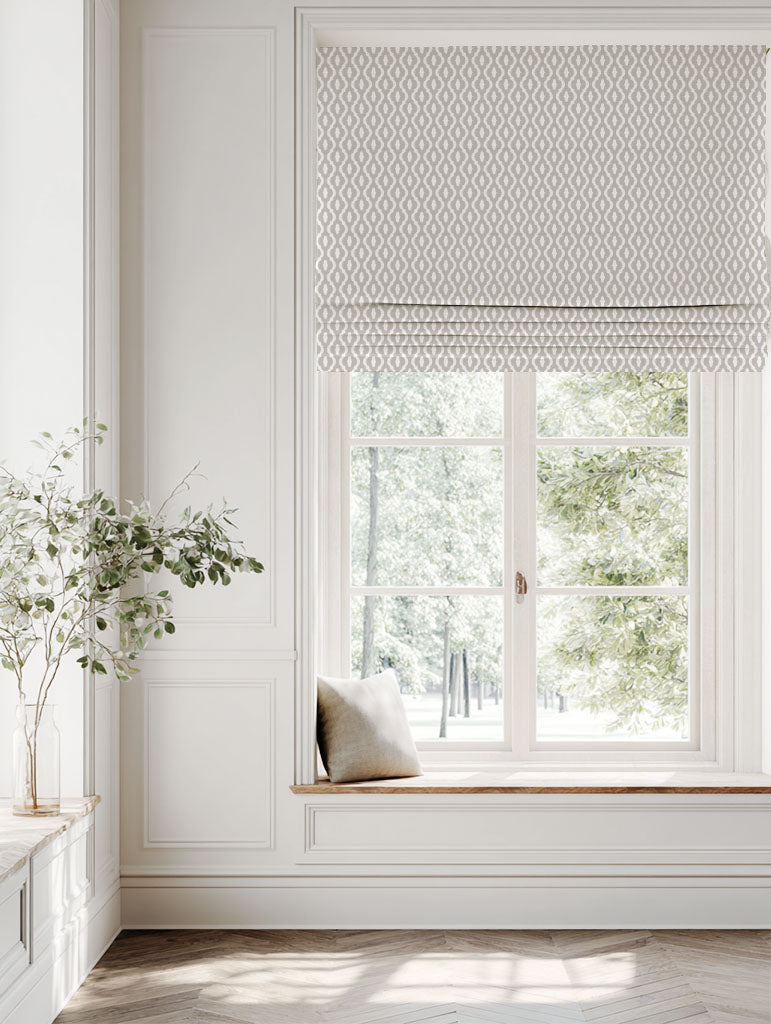 Neutral / Grey Patterned Linen Roman blind - Oona Grey Sand - White base fabric.