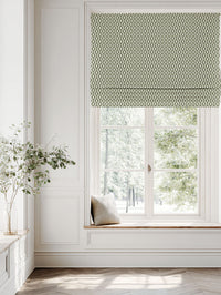 Green Patterned Linen Roman blind - Oona Moss - White base fabric.