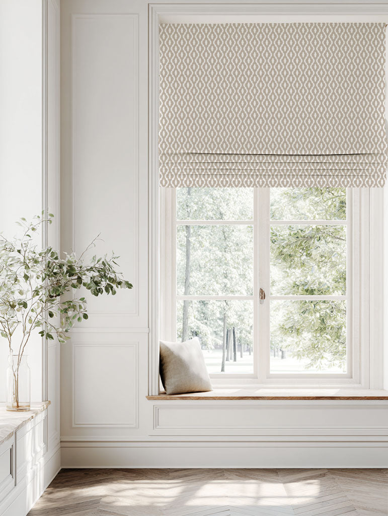 Neutral / Brown Patterned Linen Roman blind - Oona Taupe - White base fabric.