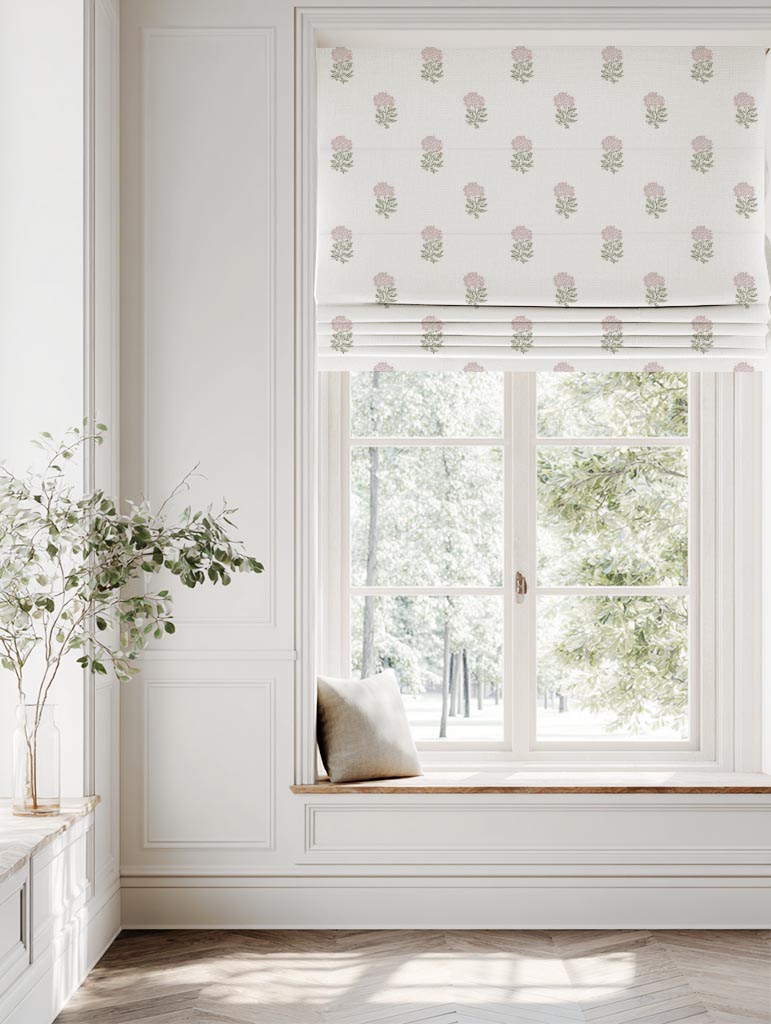 Pink Floral Linen Roman Blind - Pearlie Peony-WHT - White base fabric.
