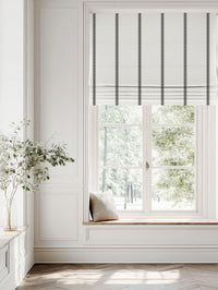 Black Striped Linen Roman blind - Rune Noir - White base fabric.
