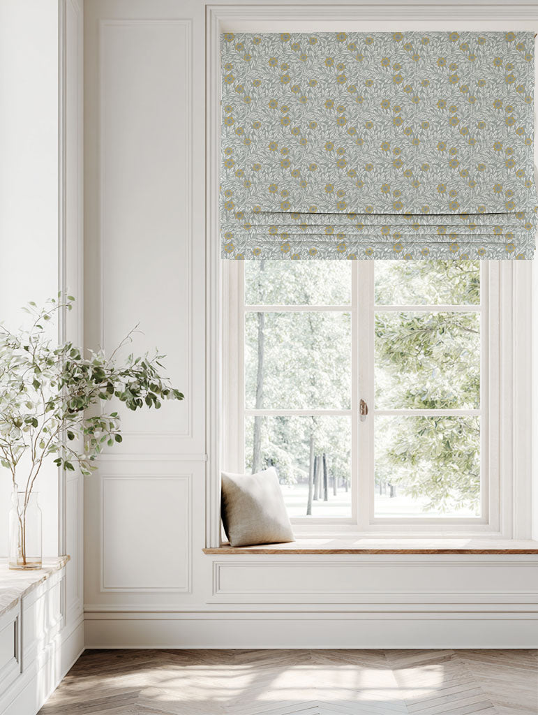 Yellow Floral Linen Roman blind - Ruth Dijon - White base fabric.
