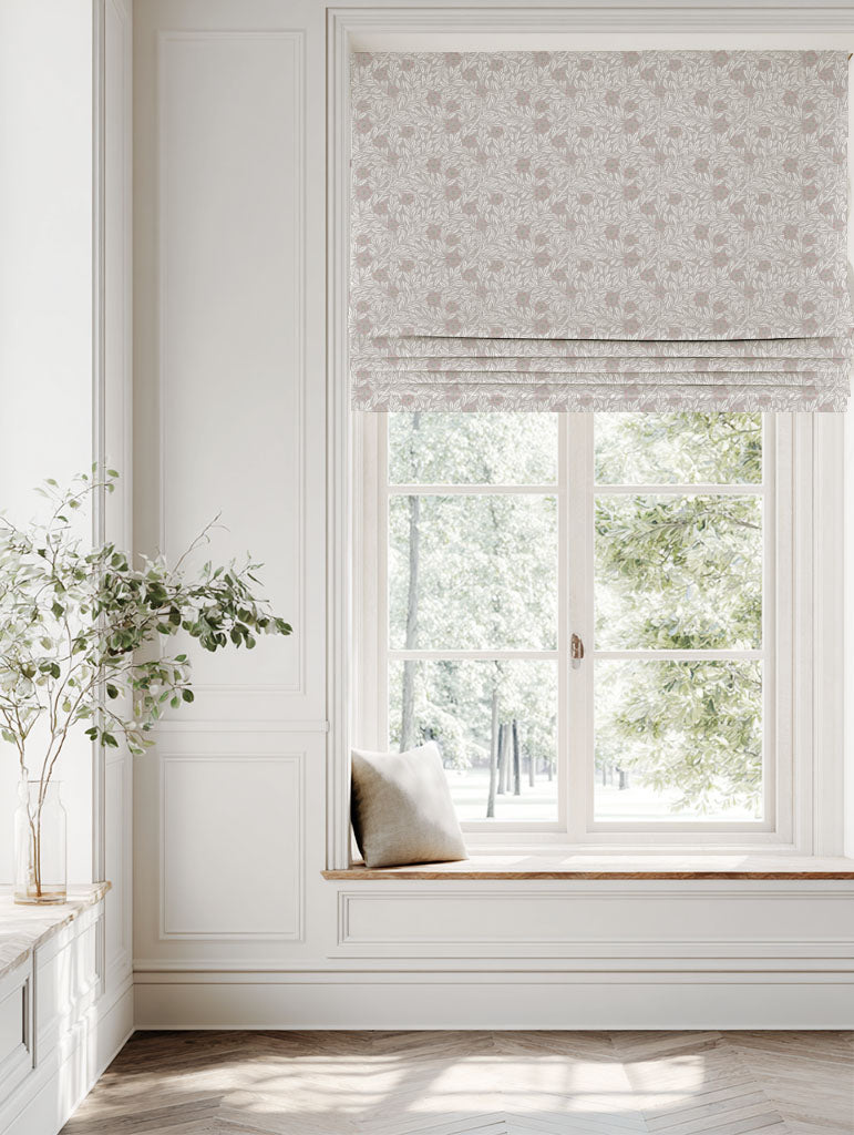 Grey / Pink Floral Linen Roman blind - Ruth Peony - White base fabric.