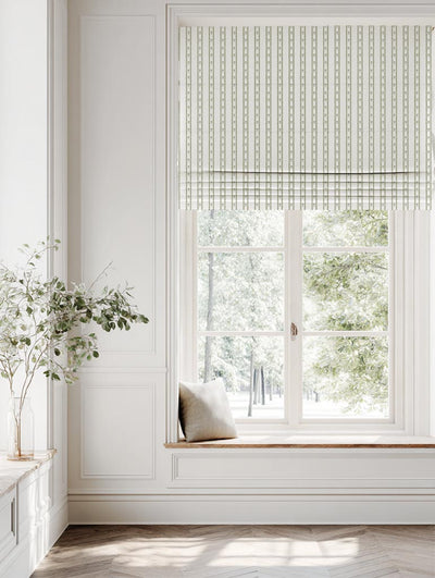 Green Floral Stripe Linen Roman Blind - Silvian Moss-WHT - White base fabric.