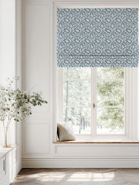 Blue Floral Linen Roman blind - Sonja Agate Blue - White base fabric.