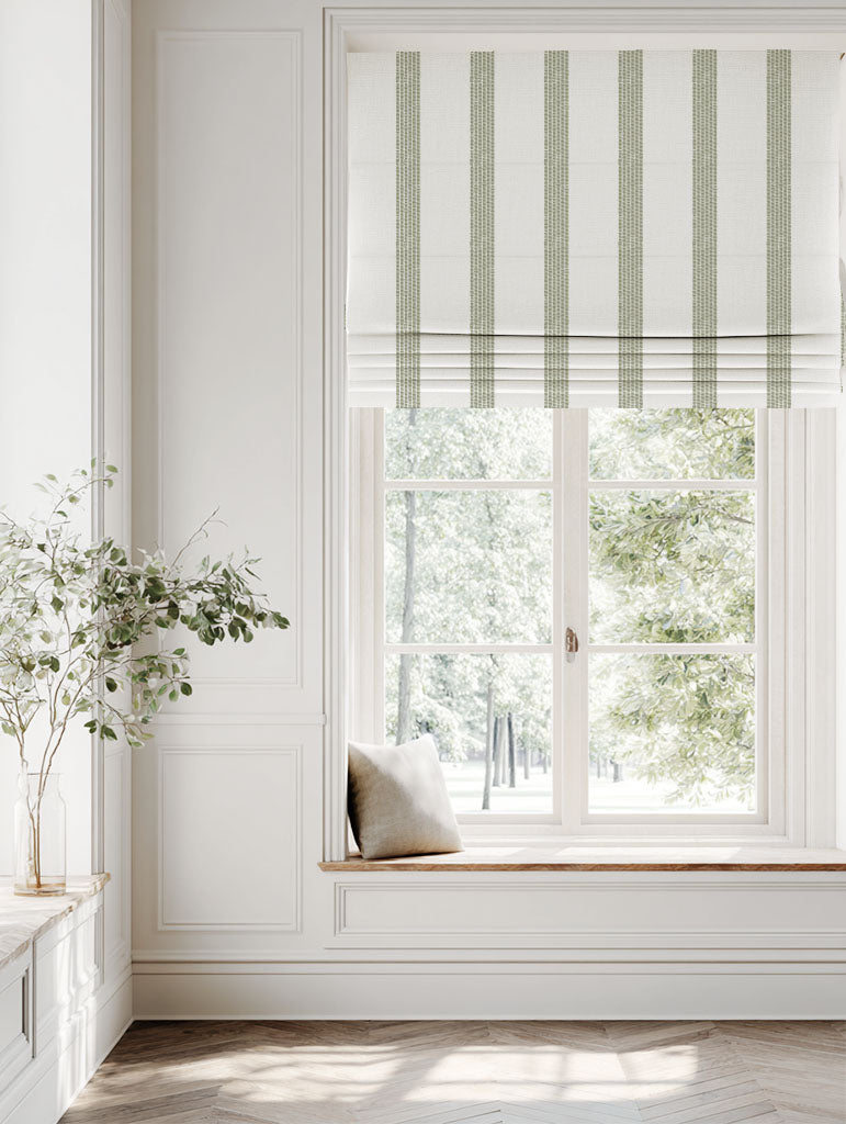 Green Striped Linen Roman blind - Sumi Moss-WHT - White base fabric.