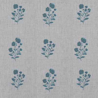 Blue Floral Linen Curtain Fabric - Cherie Blue Stone - Natural base fabric.