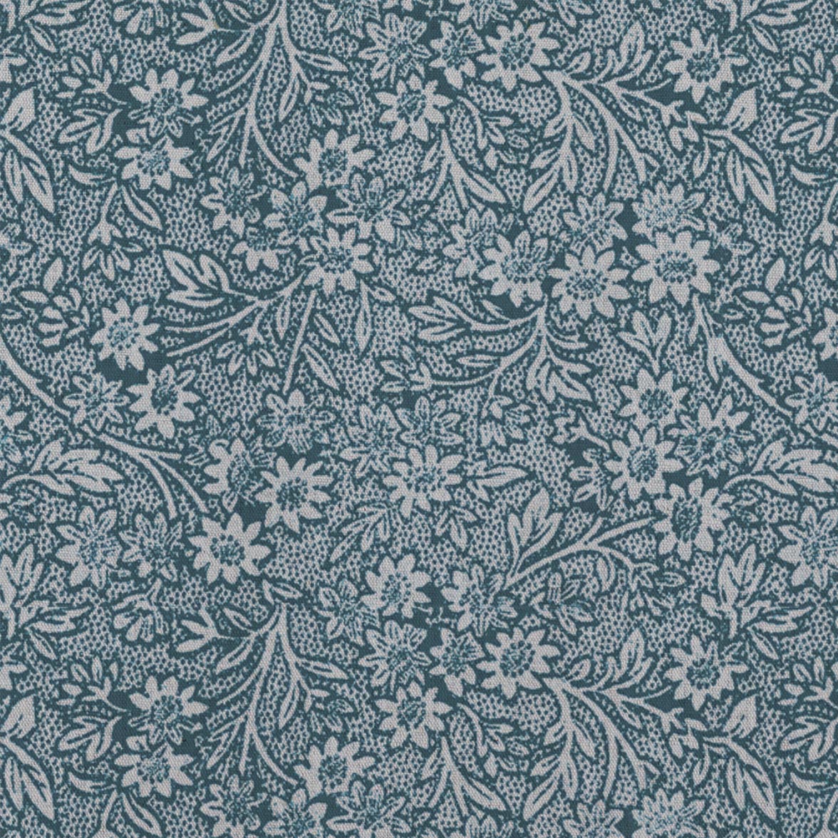 Blue Floral Linen Curtain Fabric - Cheye Blue Stone - Natural base fabric.