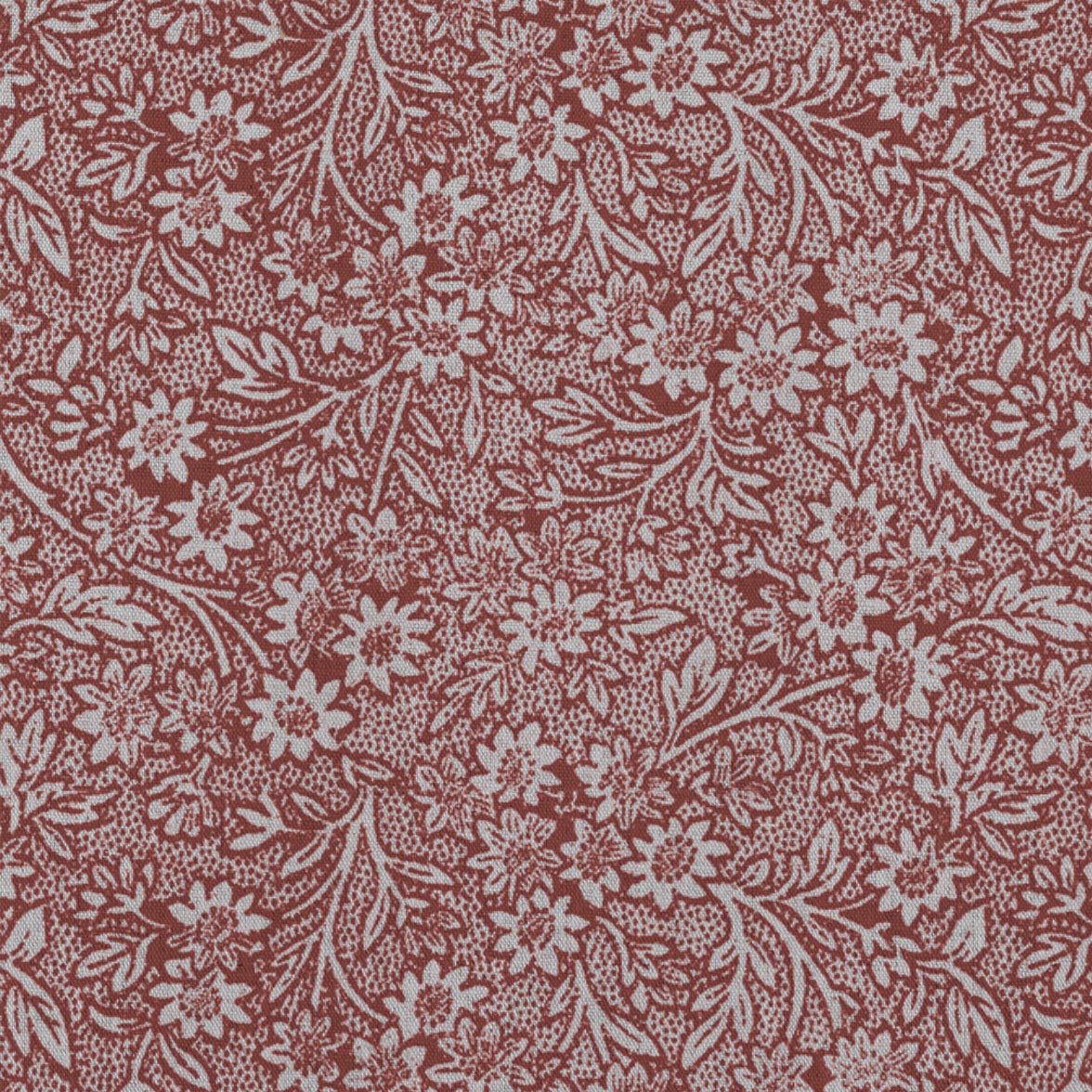 Red Floral Linen Curtain Fabric - Cheye Crimson Red - Natural base fabric.