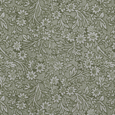 Green Floral Linen Curtain Fabric - Cheye Khaki - Natural base fabric.