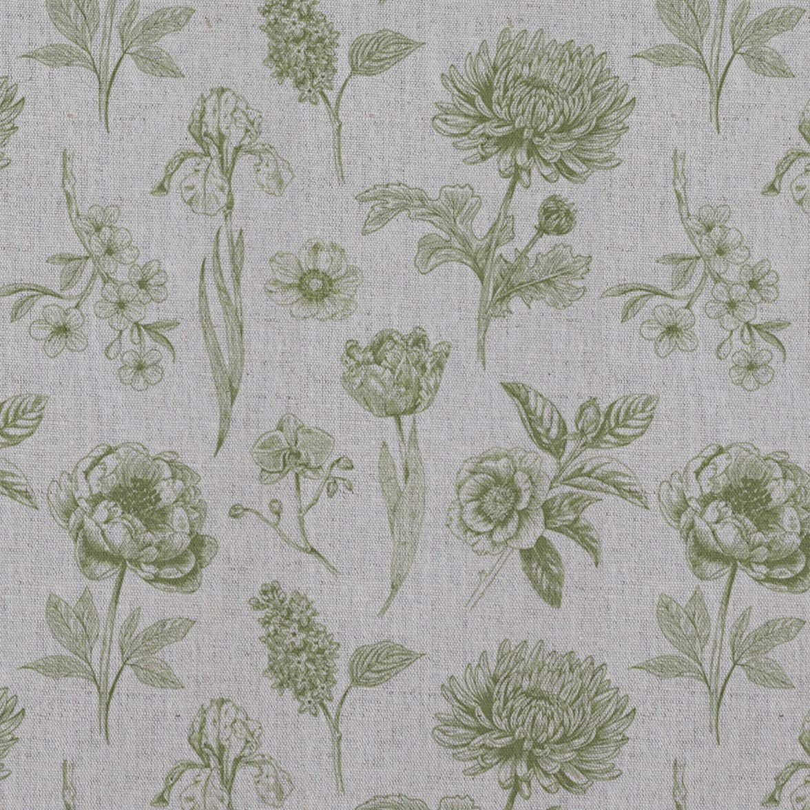Green Floral Linen Curtain Fabric - Cirian Khaki - Natural base fabric.