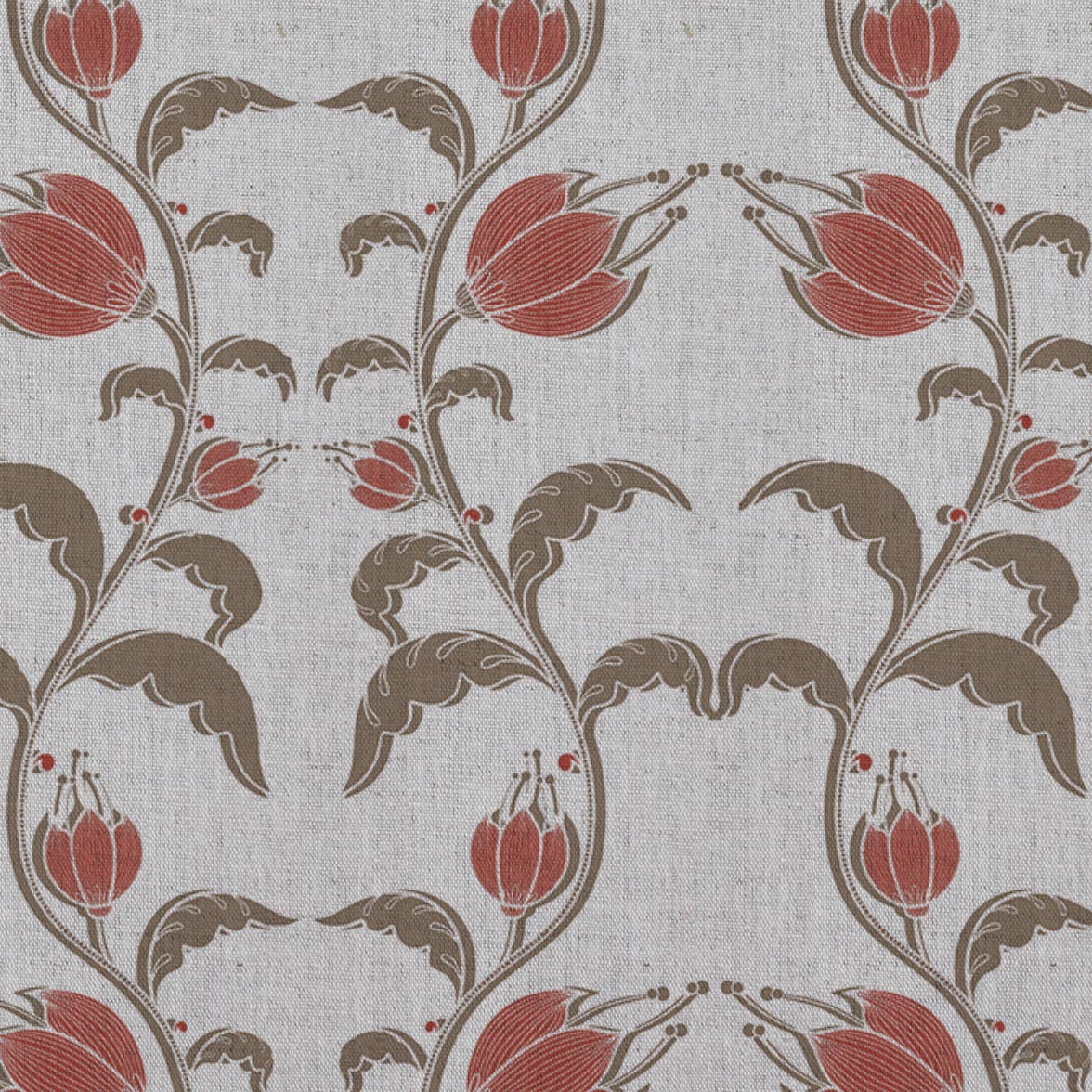 Red and Brown Patterned Linen Curtain Fabric - Dana Red Pebble  - Natural base fabric.