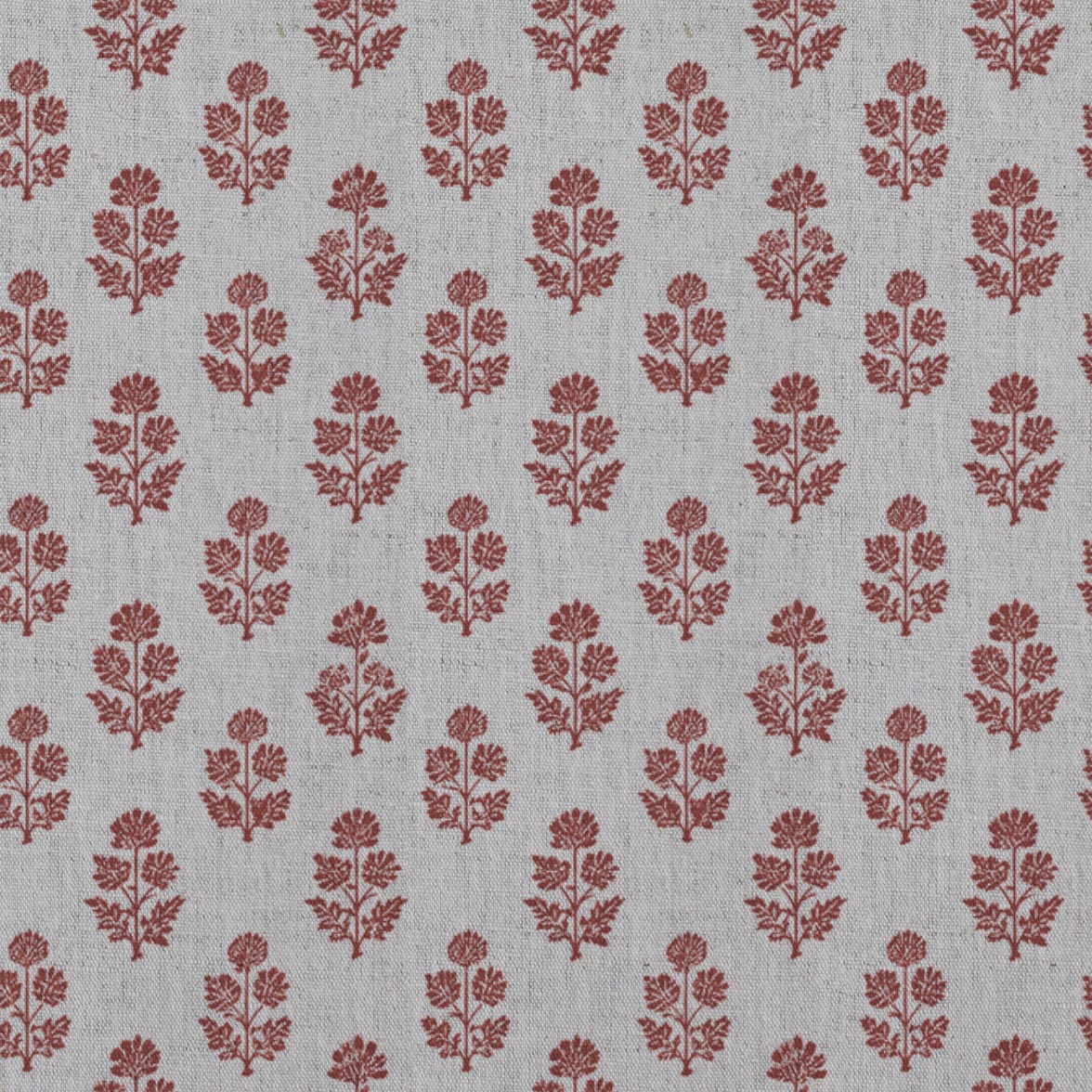 Red Floral Linen Curtain Fabric - Doris Crimson Red - Natural base fabric.