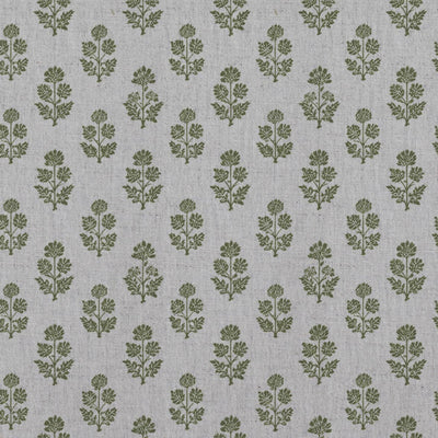 Green Floral Linen Curtain Fabric - Doris Khaki - Natural base fabric.