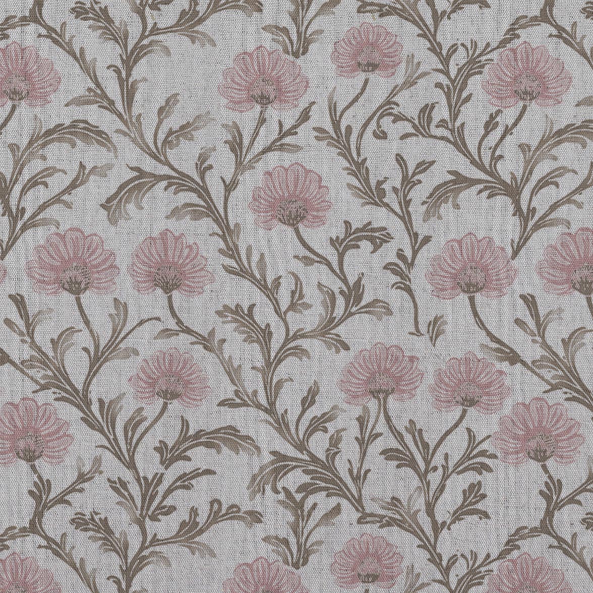 Pink Floral Linen Curtain Fabric - GoldMae Dusty Pink - Natural base fabric.