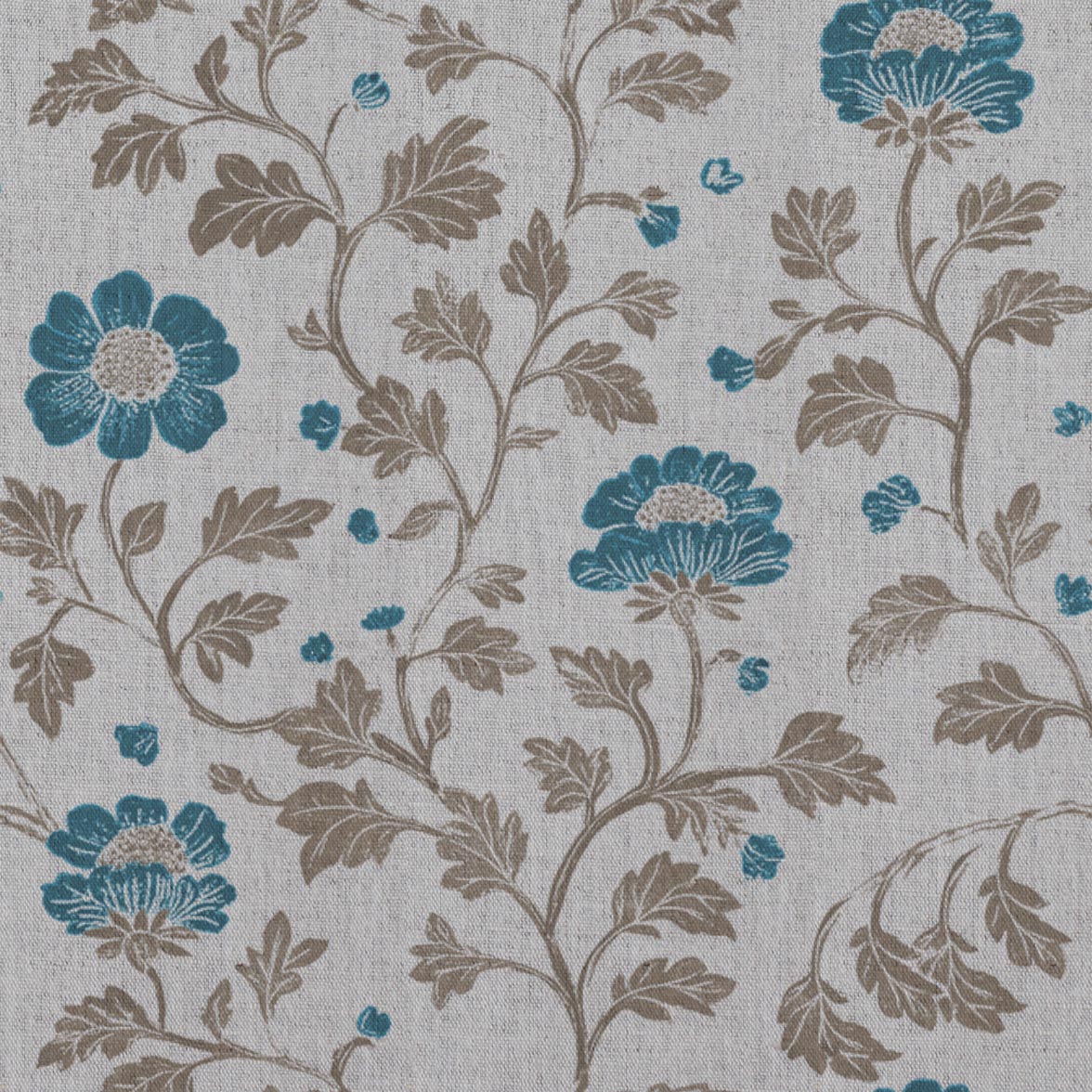 Blue Floral Linen Curtain Fabric - Islie Blue Stone - Natural base fabric.