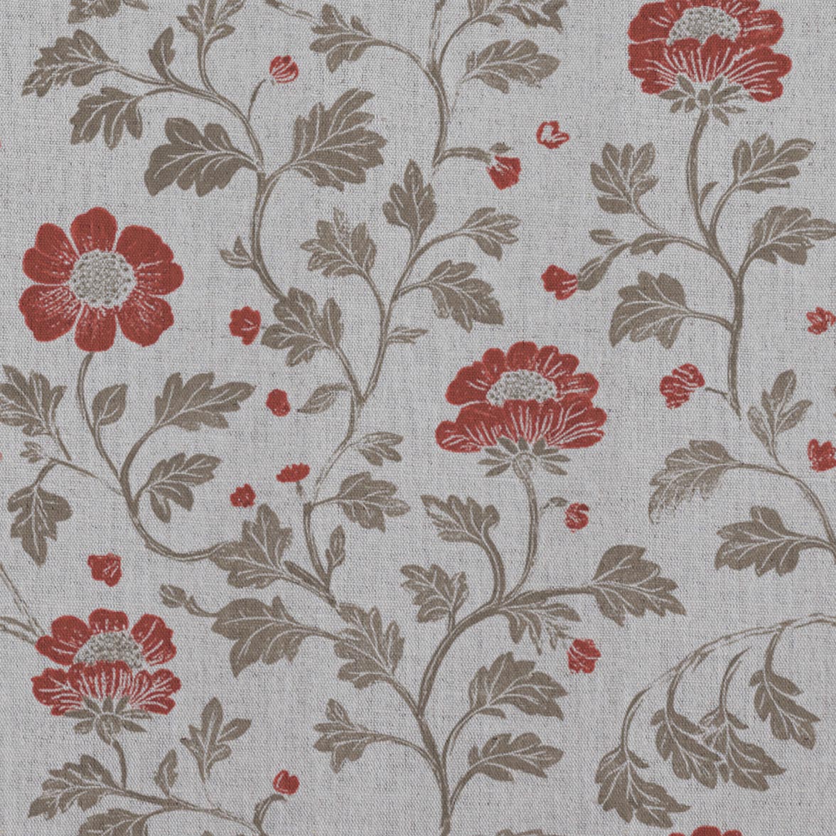 Red Floral Linen Curtain Fabric - Islie Crimson Red - Natural base fabric.