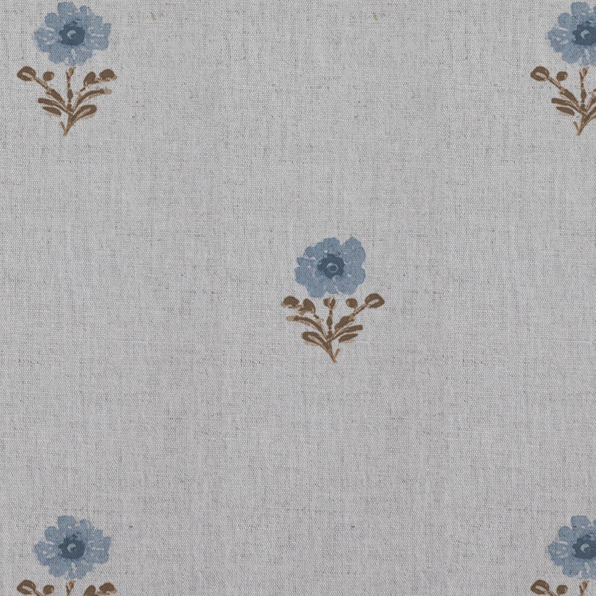Blue Floral Linen Curtain Fabric - Ksandra Blue - Natural base fabric.
