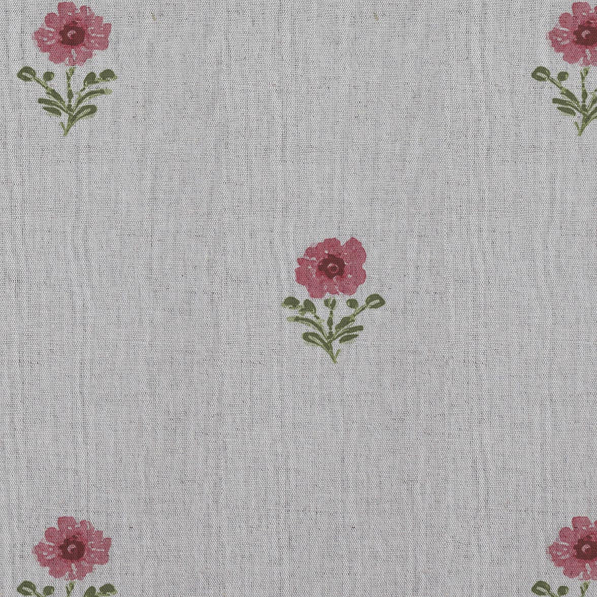 Red Floral Linen Curtain Fabric - Ksandra Red - Natural base fabric.