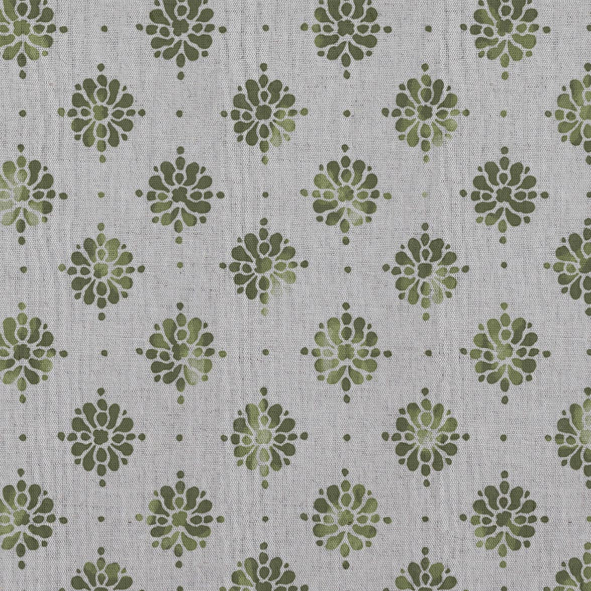Green Abstract Floral Linen Curtain Fabric - Lany Khaki - Natural base fabric.