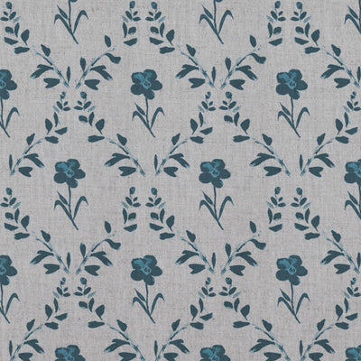 Blue Botanical Linen Curtain Fabric - Lulani Blue Stone - Natural base fabric.