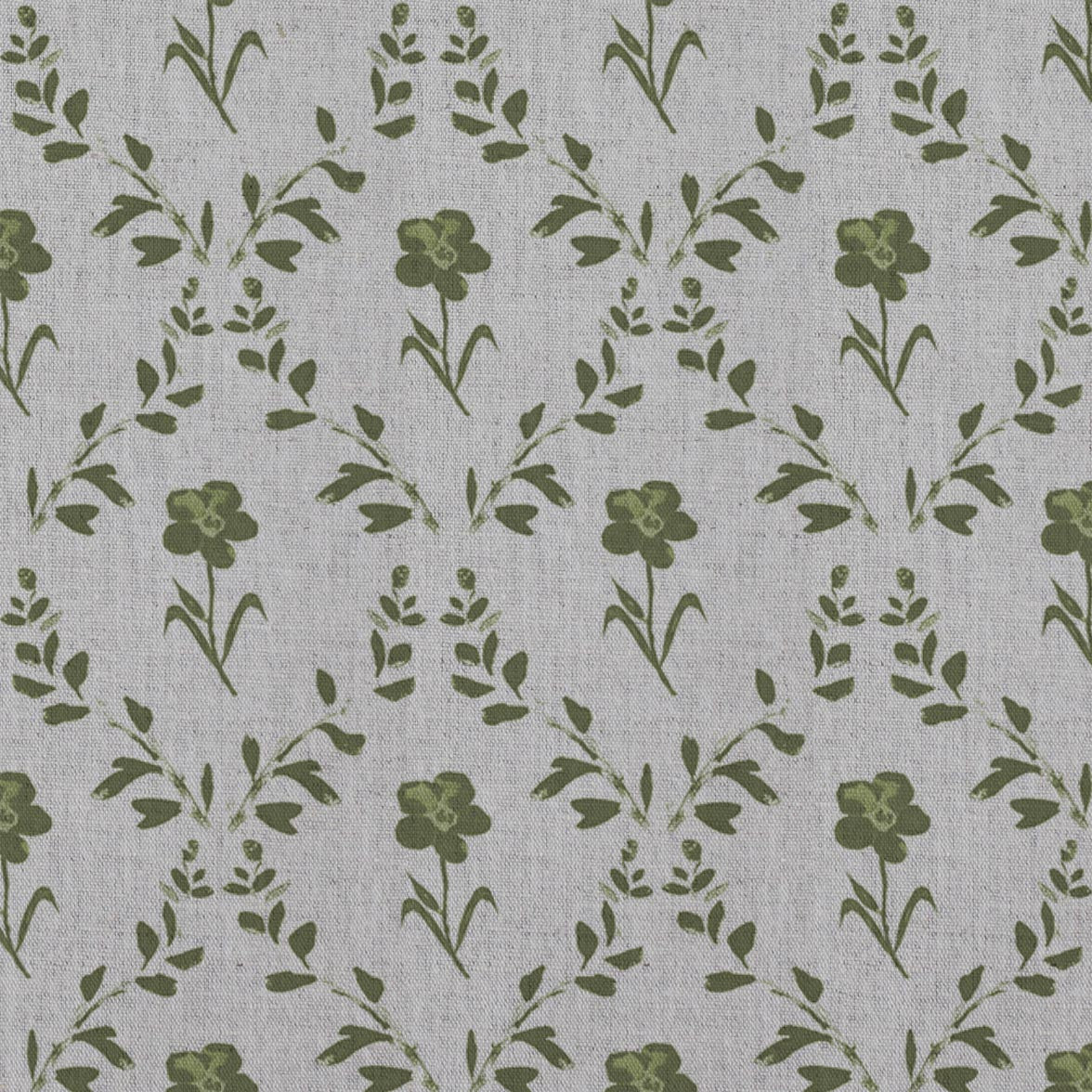 Green Botanical Linen Curtain Fabric - Lulani Khaki - Natural base fabric.