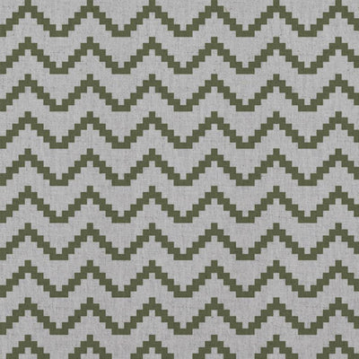 Green Patterned Linen Curtain Fabric - Azig Khaki - Natural base fabric.