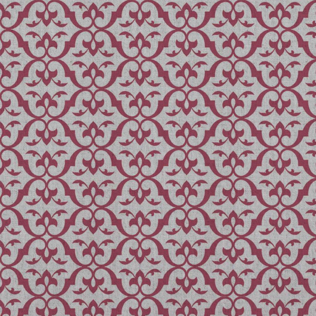 Red Patterned Linen Curtain Fabric - Brita Cherry - Natural base fabric.
