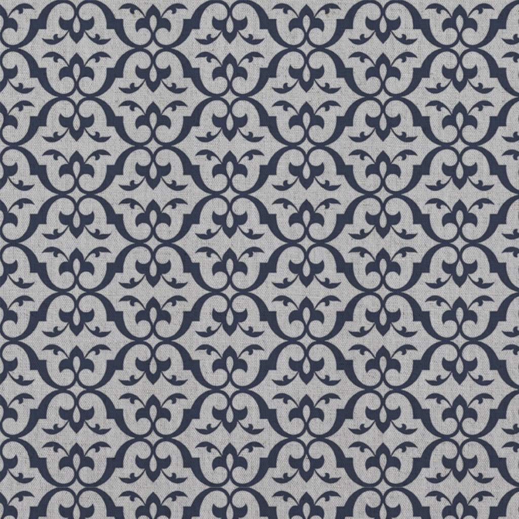Blue Patterned Linen Curtain Fabric - Brita Deep Blue - Natural base fabric.