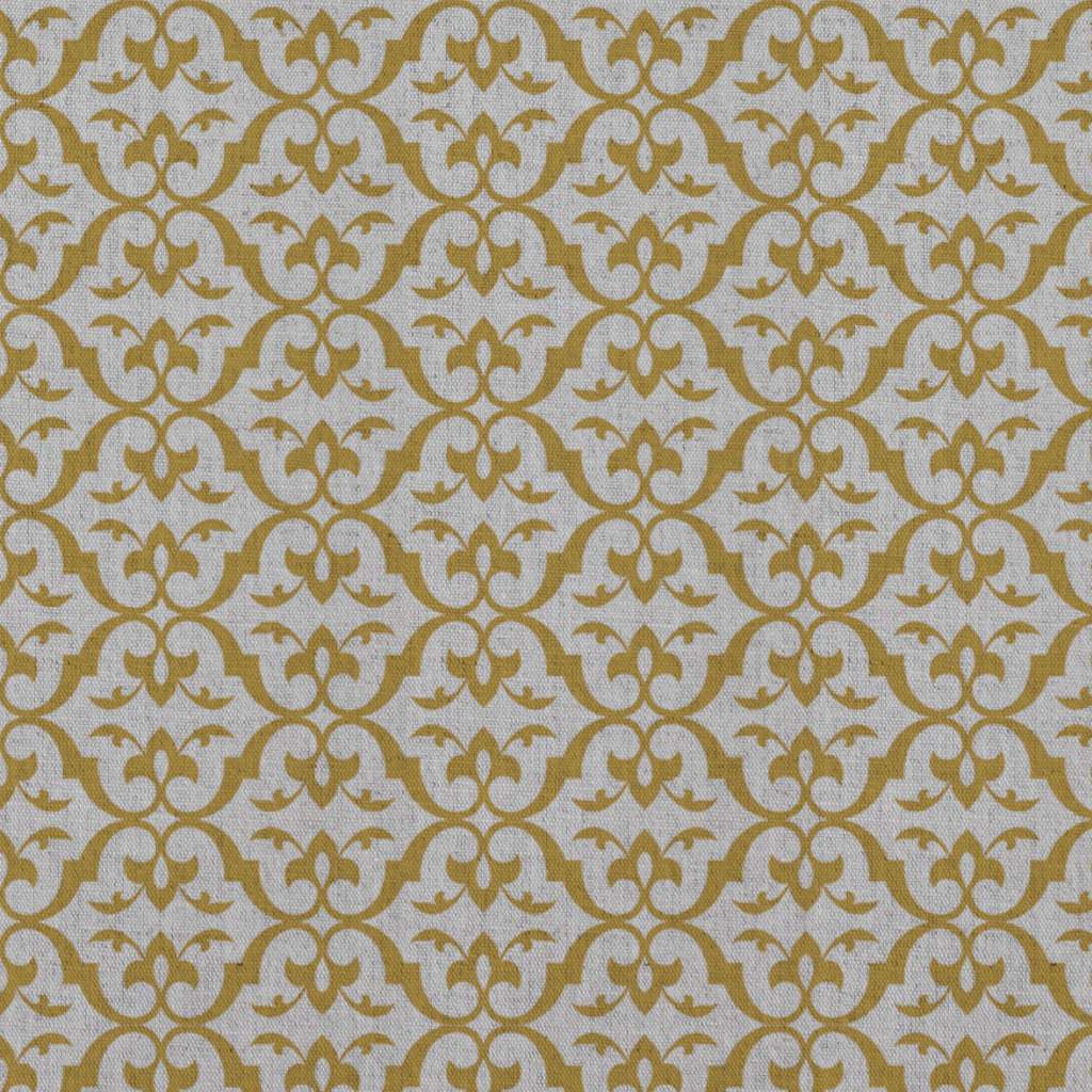 Yellow Patterned Linen Curtain Fabric - Brita Mustard - Natural base fabric.