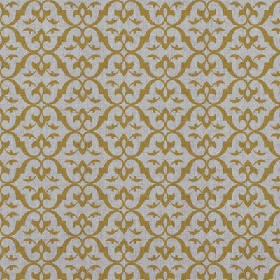 Yellow Patterned Linen Curtain Fabric - Brita Mustard - Natural base fabric.