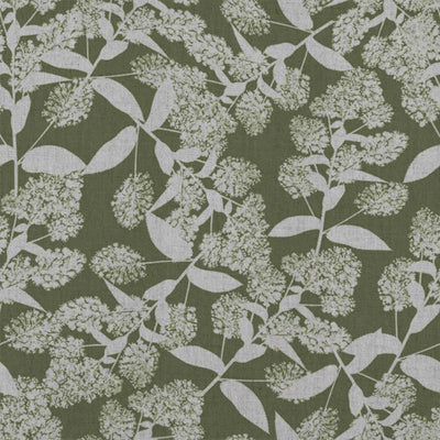Green Floral Linen Curtain Fabric - Dagmar-INV Khaki - Natural base fabric.