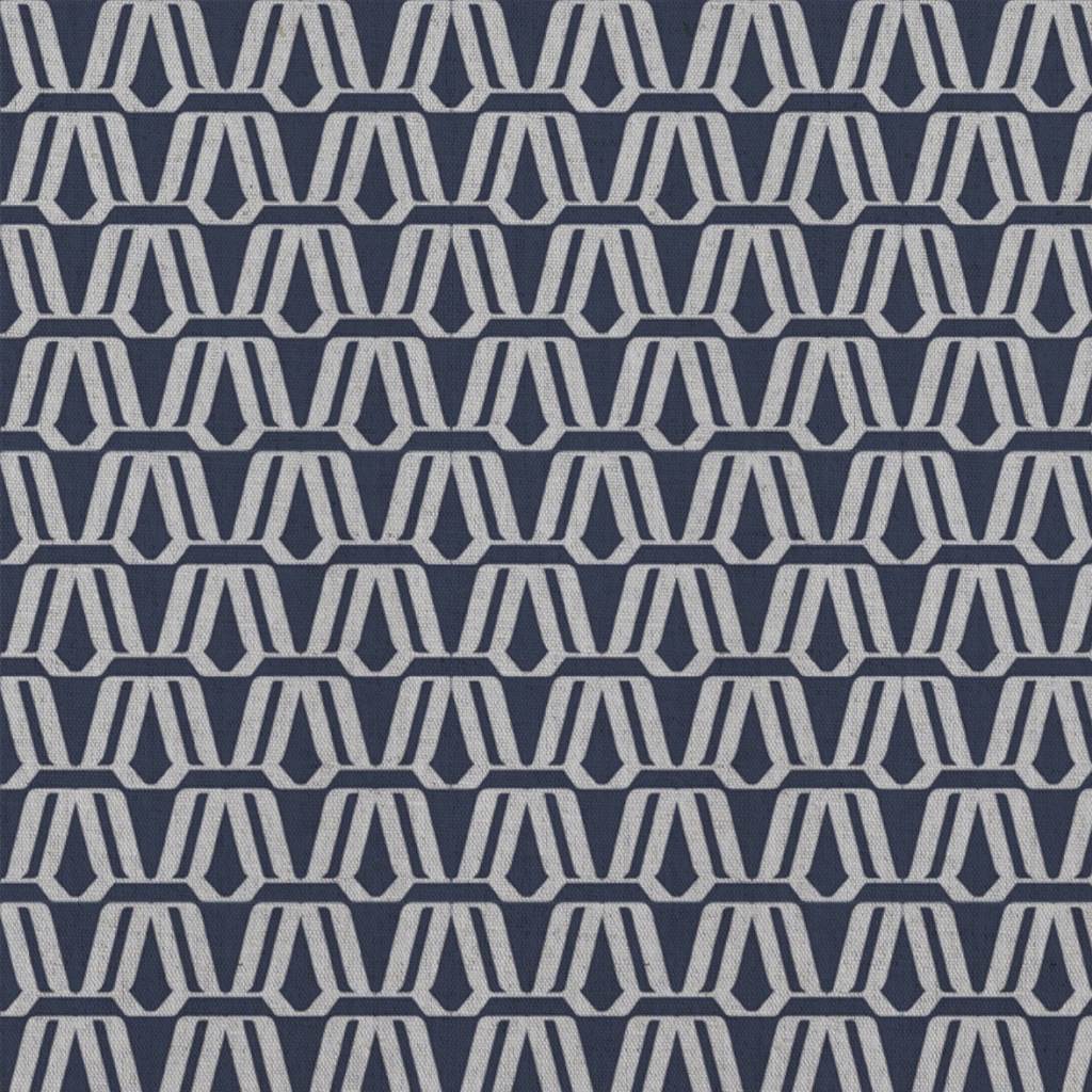 Blue Patterned Linen Curtain Fabric - Elva Deep Blue - Natural base fabric.