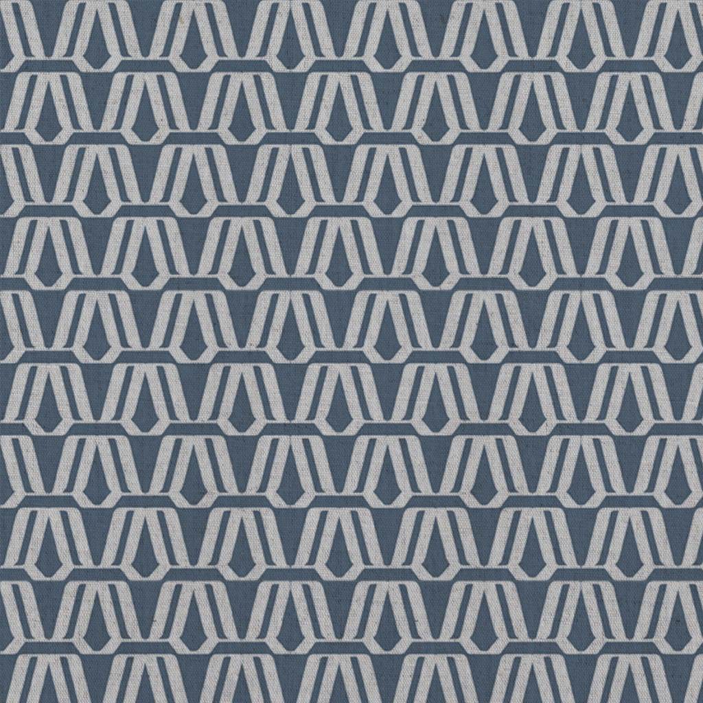 Blue Patterned Linen Curtain Fabric - Elva Denim - Natural base fabric.
