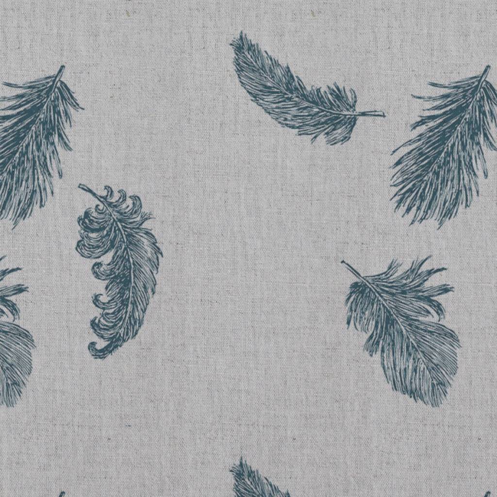 Blue Patterned Linen Curtain Fabric - Feathers Blue Stone - Natural base fabric.