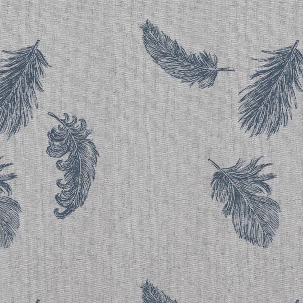 Blue Patterned Linen Curtain Fabric - Feathers Denim - Natural base fabric.