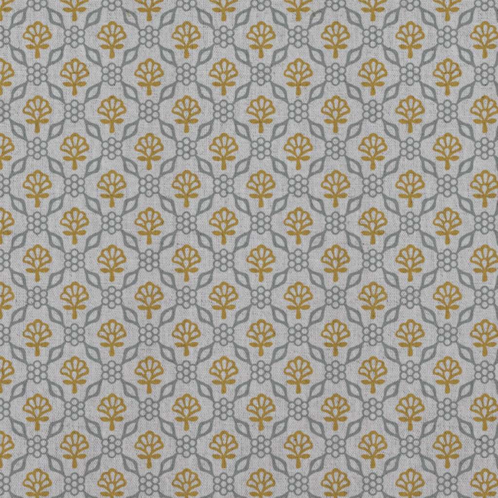 Yellow Floral Linen Curtain Fabric - Hilla Mustard Greige - Natural base fabric.