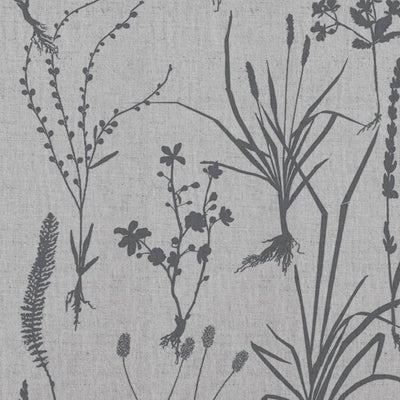 Grey Floral Linen Curtain Fabric - Iida Ash - Natural base fabric.