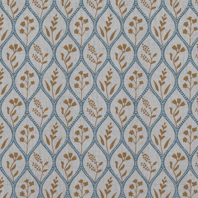 Blue / Orange / Yellow Floral Linen Curtain Fabric - Miny Blue Ochre-INV - Natural base fabric.