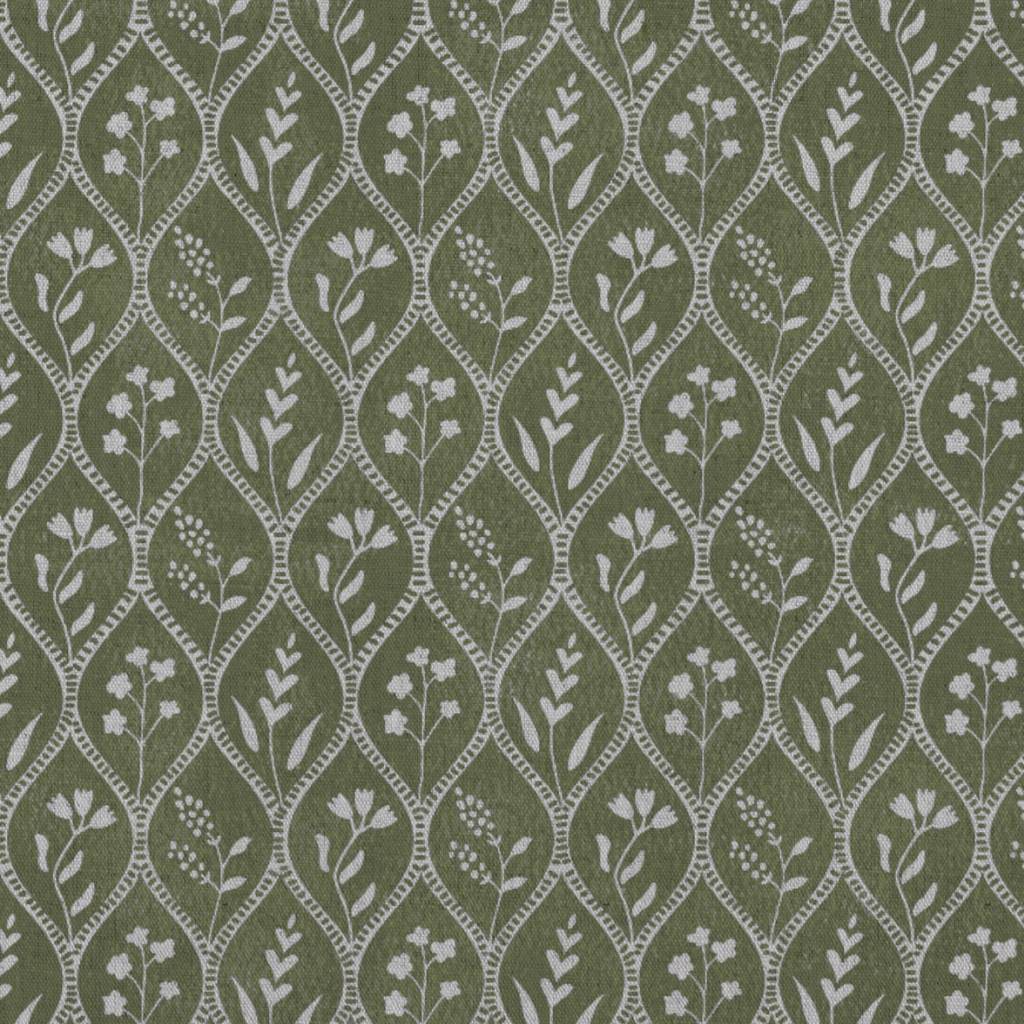 Green Floral Linen Curtain Fabric - Miny Khaki - Natural base fabric.