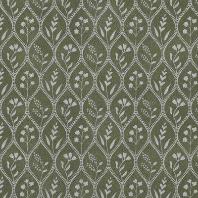 Green Floral Linen Curtain Fabric - Miny Khaki - Natural base fabric.