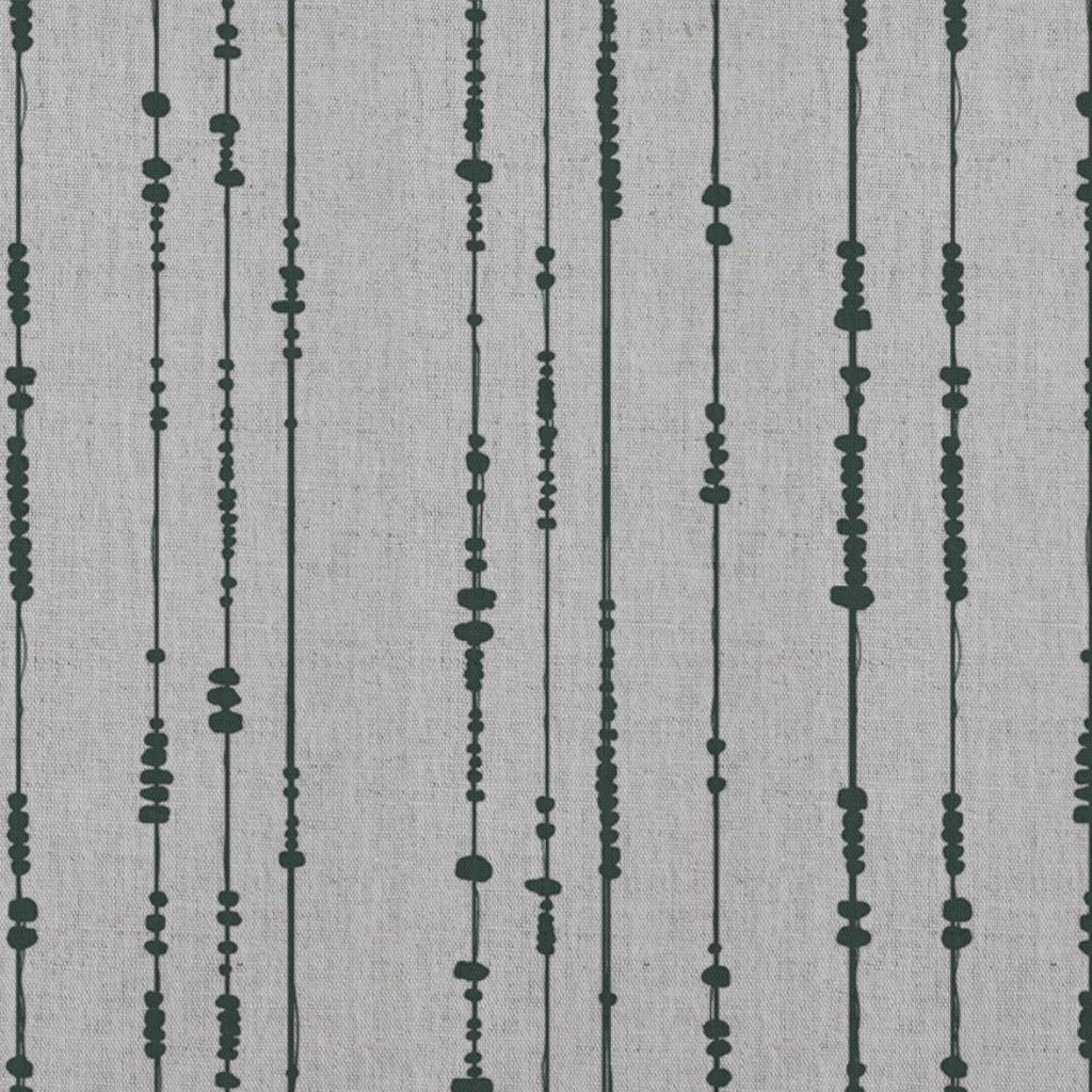 Green Patterned Linen Curtain Fabric - Pearls Dark Pine - Natural base fabric.