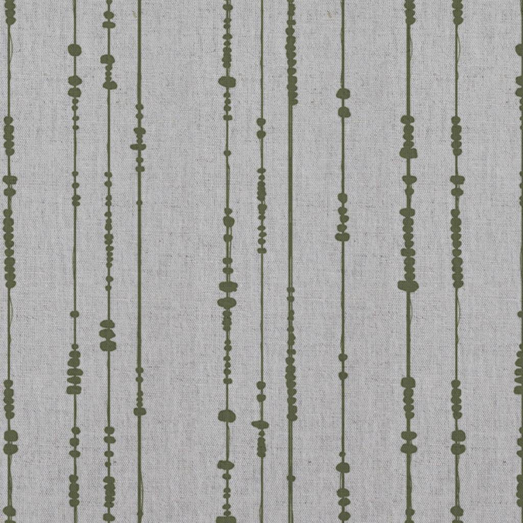 Green Patterned Linen Curtain Fabric - Pearls Khaki - Natural base fabric.