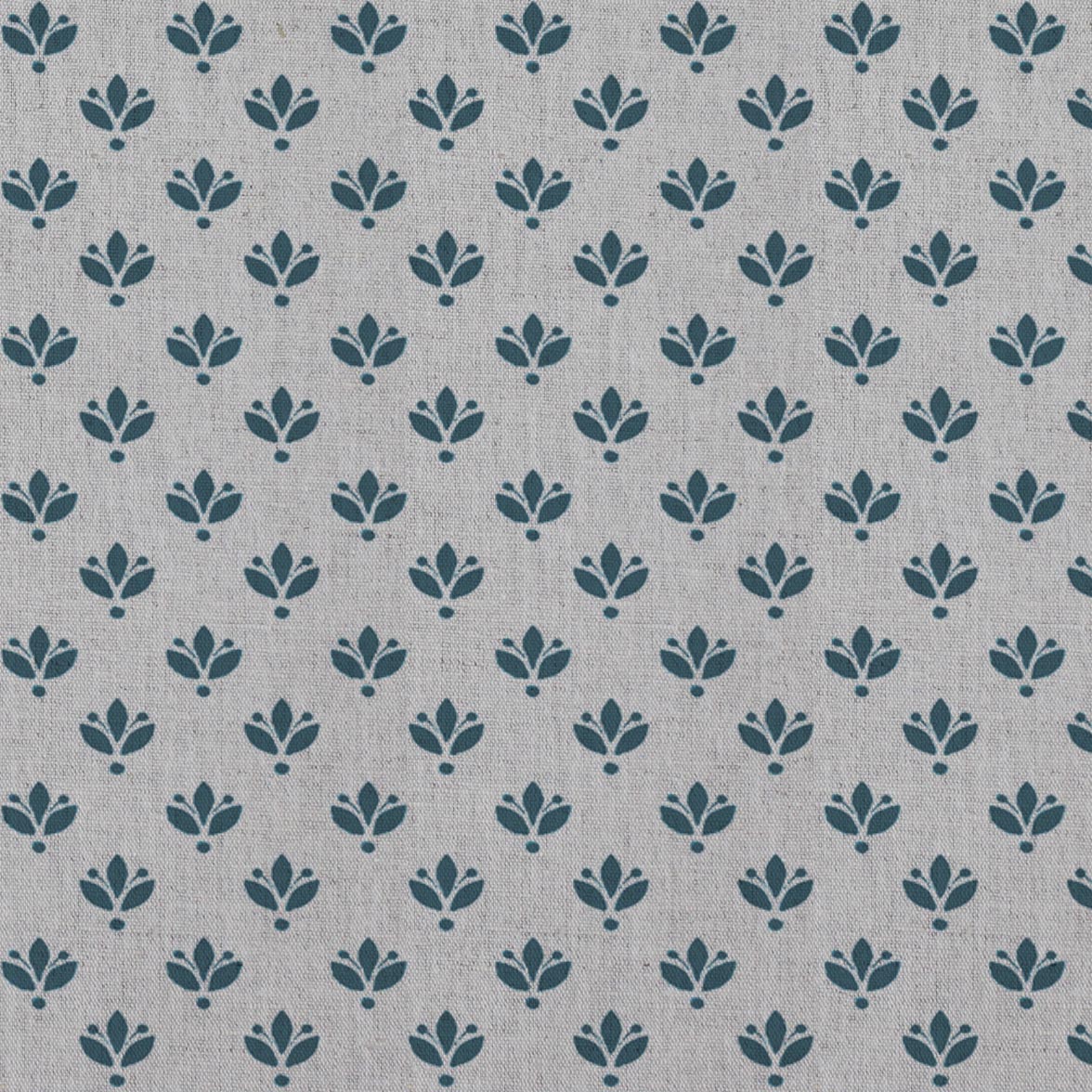 Blue Botanical Linen Curtain Fabric - Olgie Blue Stone - Natural base fabric.
